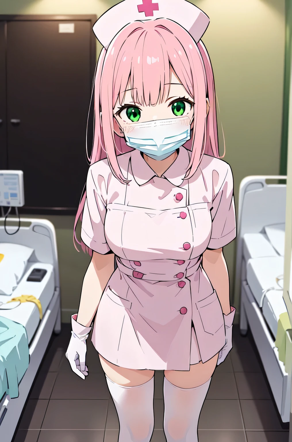 1girl, solo, nurse, white nurse cap, white nurse uniform, ((white legwear, zettai ryouiki)), white gloves, pink hair, green eyes, drooping eyes, ((white surgical mask, covered nose)), standing, ((hospital room)), sharp outline, short sleeves, best quality, masterpiece