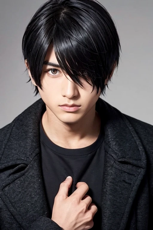 Boy emo hair Black, overcoat Black