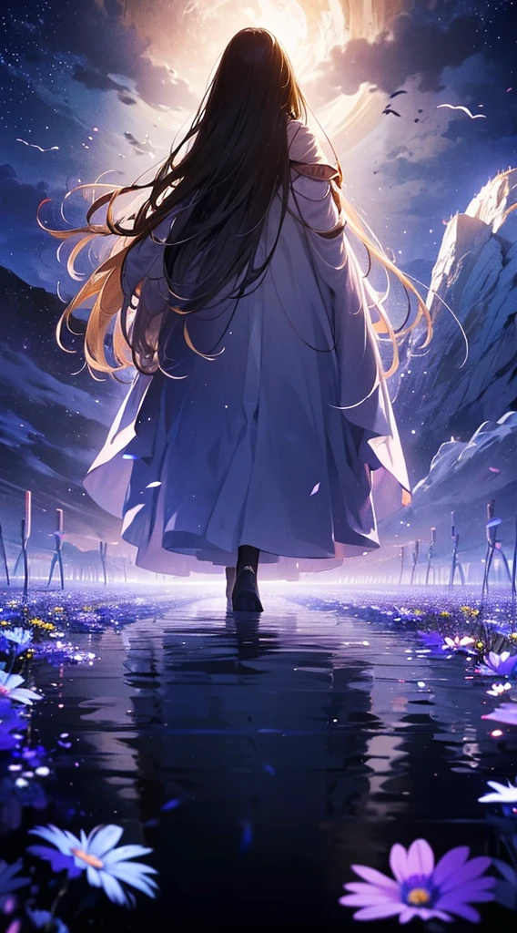 1people々々々々々々々々,Blonde long-haired woman,White long coat, Dress Silhouette, Rear View,Space Sky, Countless crosses stand in a flower field,Colorful flowers,Fluttering petals,Countless crosses lined up,