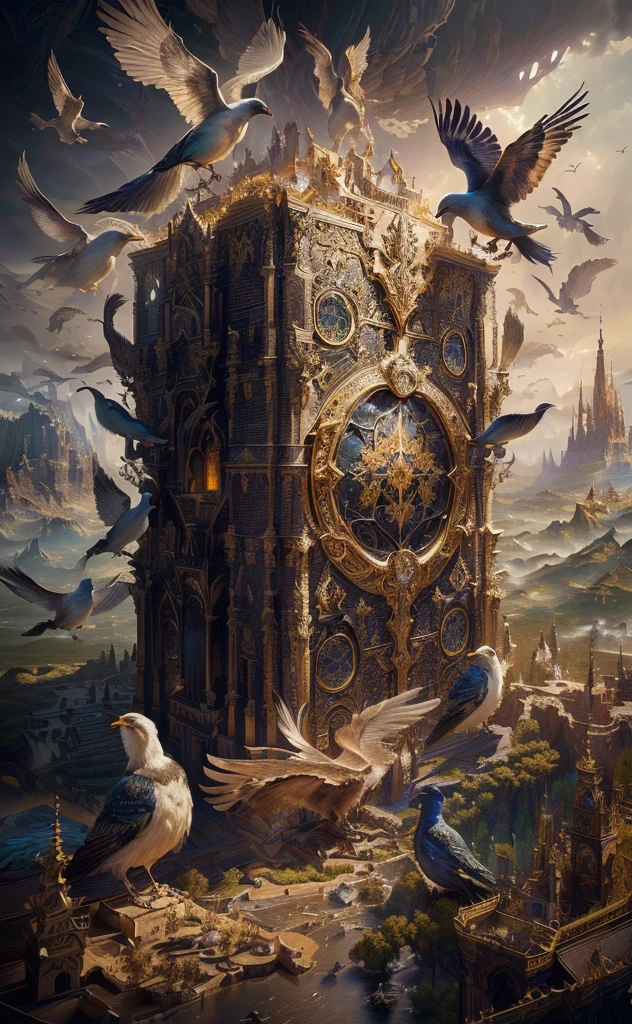 a fantasy book cover painting with many birds flying around the book, complex and epic composition, highly detailed fantasy art, fantasy illustration, detailed fantasy art, vibrant colors, dramatic lighting, intricate details, magical atmosphere, mystical elements, cinematic composition, otherworldly scene, fantastical landscapes, breathtaking scenery, stunning vistas, awe-inspiring scale, immersive environment, captivating drama, sweeping panorama, epic grandeur, exquisite details, mesmerizing visuals, imaginative design, fantastical creatures, surreal elements, imaginative realism, cinematic lighting, dramatic shadows, enchanting ambiance, otherworldly beauty, fantastical wonder, magical realism, ethereal atmosphere, stunning visuals, imaginative composition, masterful execution, photorealistic quality, digital painting, (best quality,4k,8k,highres,masterpiece:1.2),ultra-detailed,(realistic,photorealistic,photo-realistic:1.37)