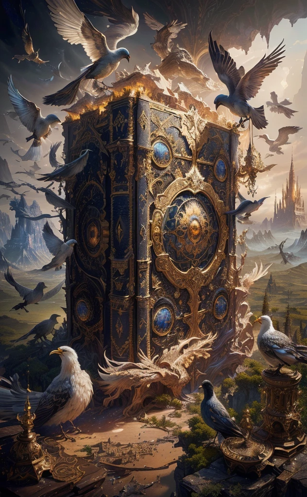 a fantasy book cover painting with many birds flying around the book, complex and epic composition, highly detailed fantasy art, fantasy illustration, detailed fantasy art, vibrant colors, dramatic lighting, intricate details, magical atmosphere, mystical elements, cinematic composition, otherworldly scene, fantastical landscapes, breathtaking scenery, stunning vistas, awe-inspiring scale, immersive environment, captivating drama, sweeping panorama, epic grandeur, exquisite details, mesmerizing visuals, imaginative design, fantastical creatures, surreal elements, imaginative realism, cinematic lighting, dramatic shadows, enchanting ambiance, otherworldly beauty, fantastical wonder, magical realism, ethereal atmosphere, stunning visuals, imaginative composition, masterful execution, photorealistic quality, digital painting, (best quality,4k,8k,highres,masterpiece:1.2),ultra-detailed,(realistic,photorealistic,photo-realistic:1.37)