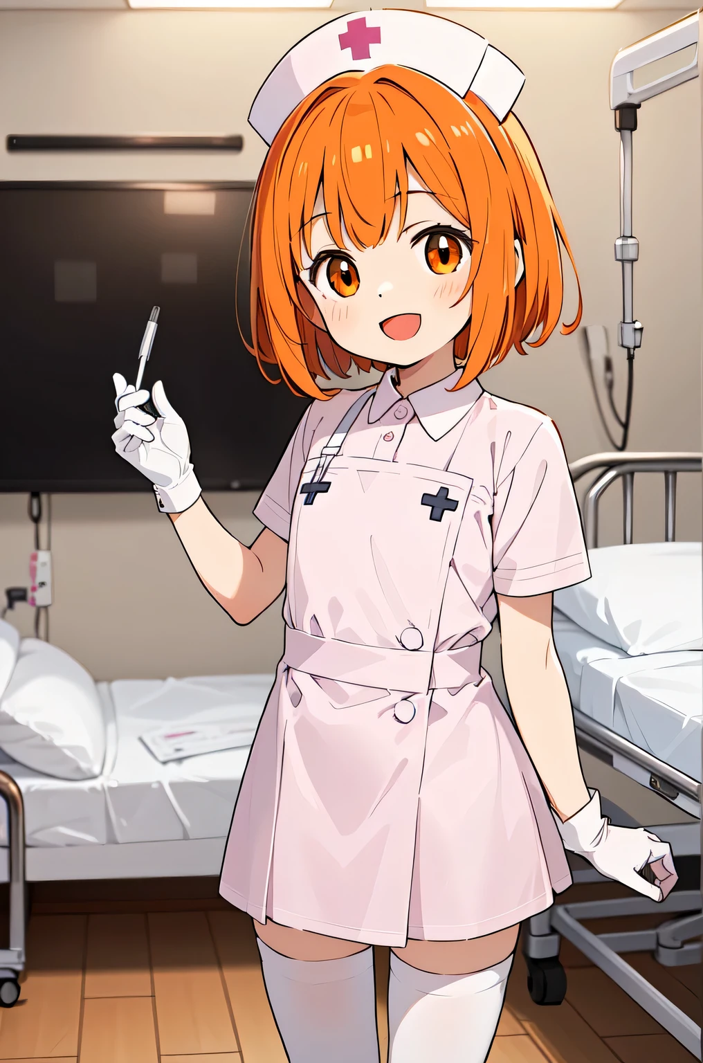 1boy, solo, male focus, nurse, white nurse cap, white nurse uniform, ((white legwear, zettai ryouiki)), white gloves, short hair, orange hair, smile, open mouth, standing, ((hospital room)), sharp outline, short sleeves, shota, , best quality, masterpiece