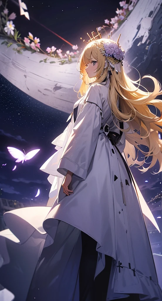 １people々々々々々々々々,Blonde long-haired woman，White long coat， Dress Silhouette， Rear View，Space Sky, Countless crosses stand in a flower field，Colorful flowers，Fluttering petals，Countless crosses lined up，