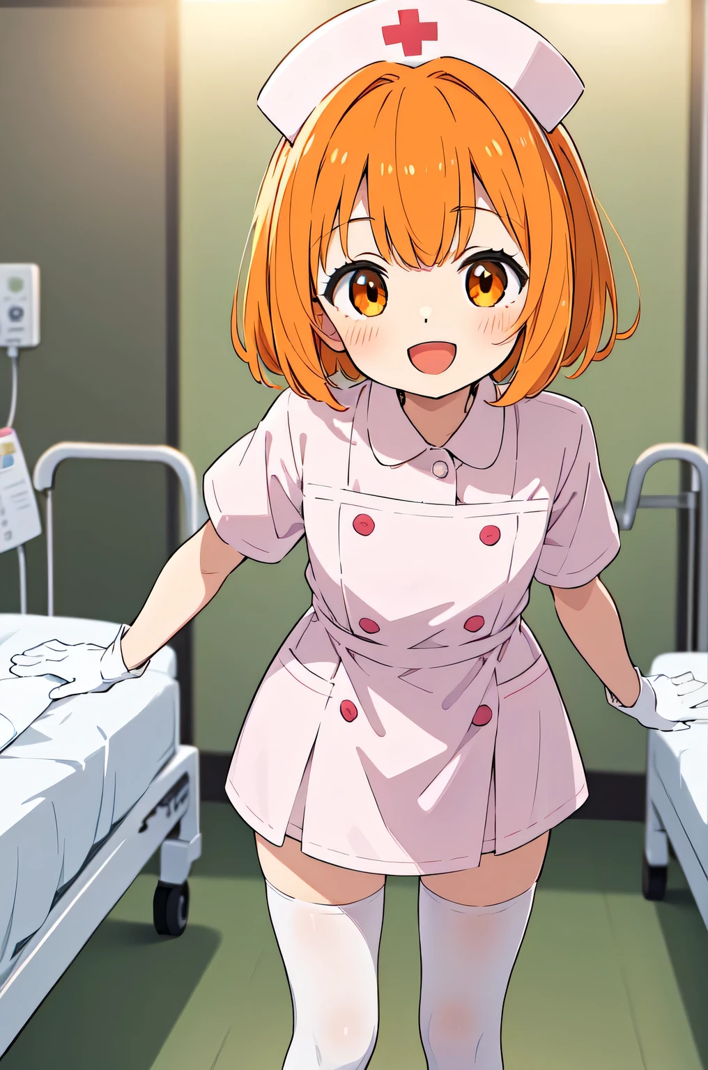 1boy, solo, male focus, nurse, white nurse cap, white nurse uniform, ((white legwear, zettai ryouiki)), white gloves, short hair, orange hair, smile, open mouth, standing, ((hospital room)), sharp outline, short sleeves, shota, 12 years old, best quality, masterpiece