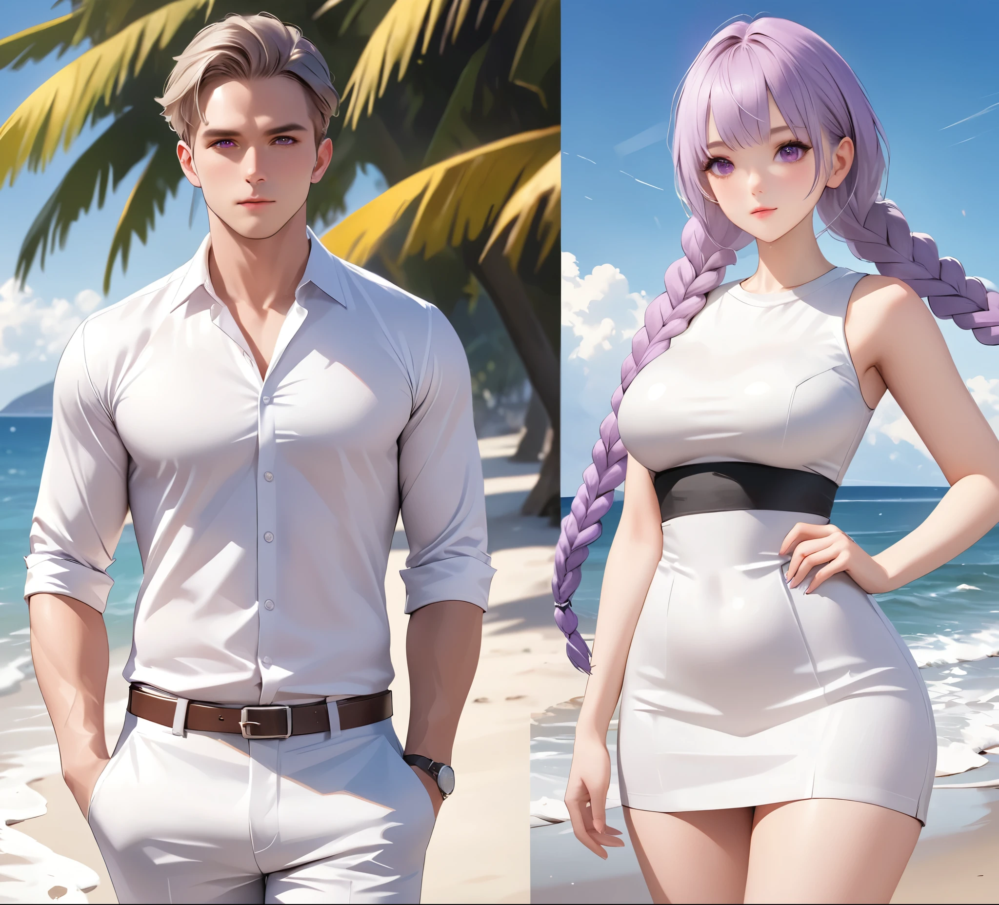 (masterpiece, best quality), 8K, Super detailed, realistic photo, Delicate face, Perfect lighting, Purple Eyes, Beautiful legs, side photo, beautiful, skin pores, A man，A woman(Purple and White Gradient Double Braids), Perfect shirt, Dress neatly,  (Thin white shirt:1.4), Thick, hot, (White office attire:1.4), Tights, (Wide hips:1.2), Thick, (White office pants:1.3), Standing on the beach near the sea,Digital Animation Art, Working in the style of Gouvez, beautiful动漫肖像, advanced Digital Animation Art, guweiz на artstation pixiv HD UHD HQ
