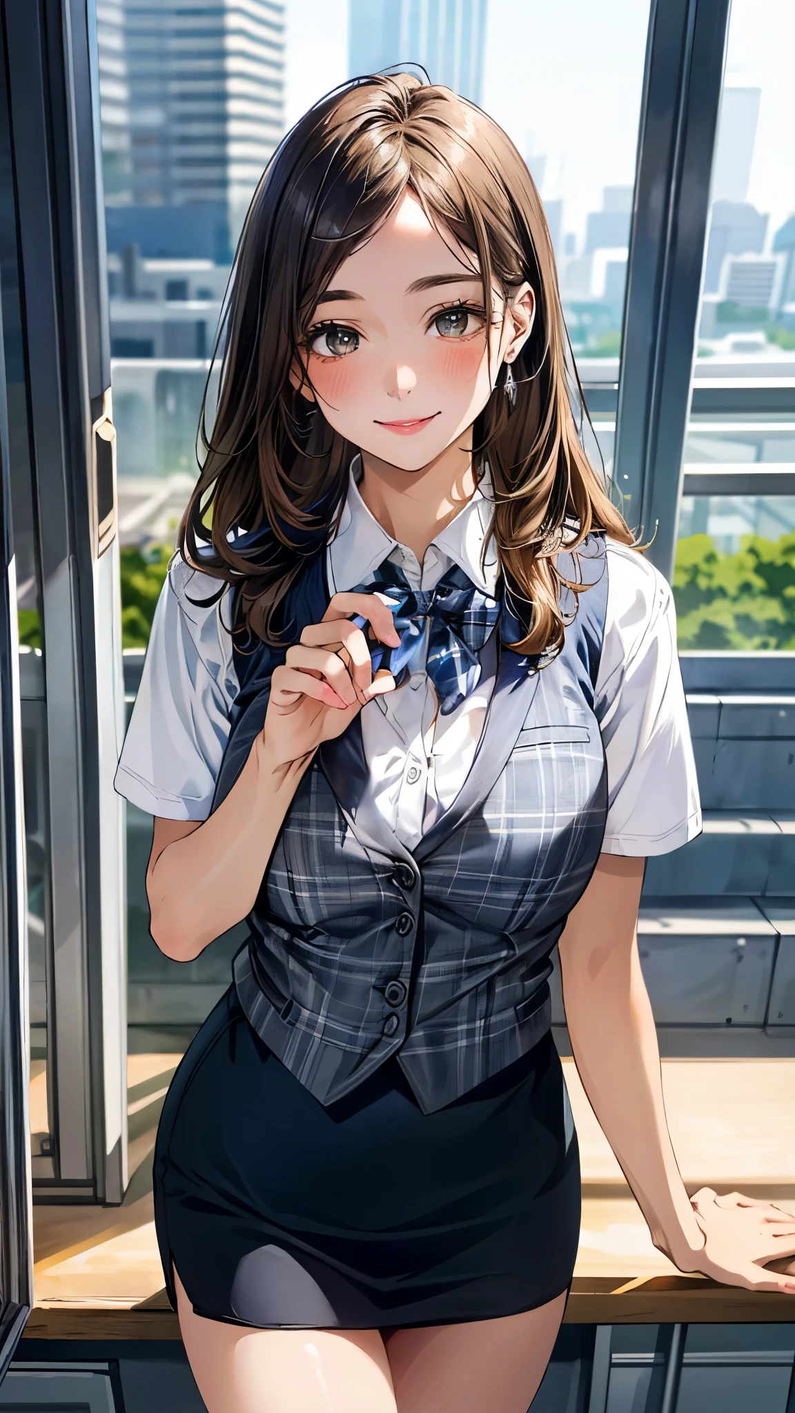 (masterpiece:1.3, top-quality, ultra high res, ultra detailed), (realistic, photorealistic:1.4), beautiful illustration, perfect lighting, natural lighting, colorful, depth of fields, ,
beautiful detailed hair, beautiful detailed face, beautiful detailed eyes, beautiful clavicle, beautiful body, beautiful chest, beautiful thigh, beautiful legs, beautiful fingers, shiny skin,
looking at viewer, (face focus, from below), 1 girl, japanese, office worker, reception, (perfect anatomy, anatomically correct, super detailed skin), cute and symmetrical face, babyface,
(middle hair, straight hair, {light brown hair | blonde hair}), forehead, dark green eyes, long eyelashes, (large breasts, seductive thighs), perfect face, perfect eyes, outstanding style, ,
(detailed cloth texture, white and grey checked vest:1.2, navy pencil skirt) bow tie,
(beautiful scenery), afternoon, (modern office indoors), cityscape of windows, standing, (smile),