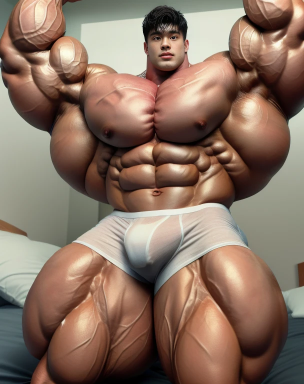 1 asian boy, handsome, giant, buzz black haircut, model shoot style, looking at camera, standing, action pose, sitting on the white bed, strong body, bulk, armpit, naked, wear white swimwear underpants, bulge, big, brutalmass, giant, muscular body, bulk, massive body, large meaty body size, brown veiny skin, big arms, ballooning meaty pecs, big butt. Sweaty, wet, UHD, Realistic, intricate detail