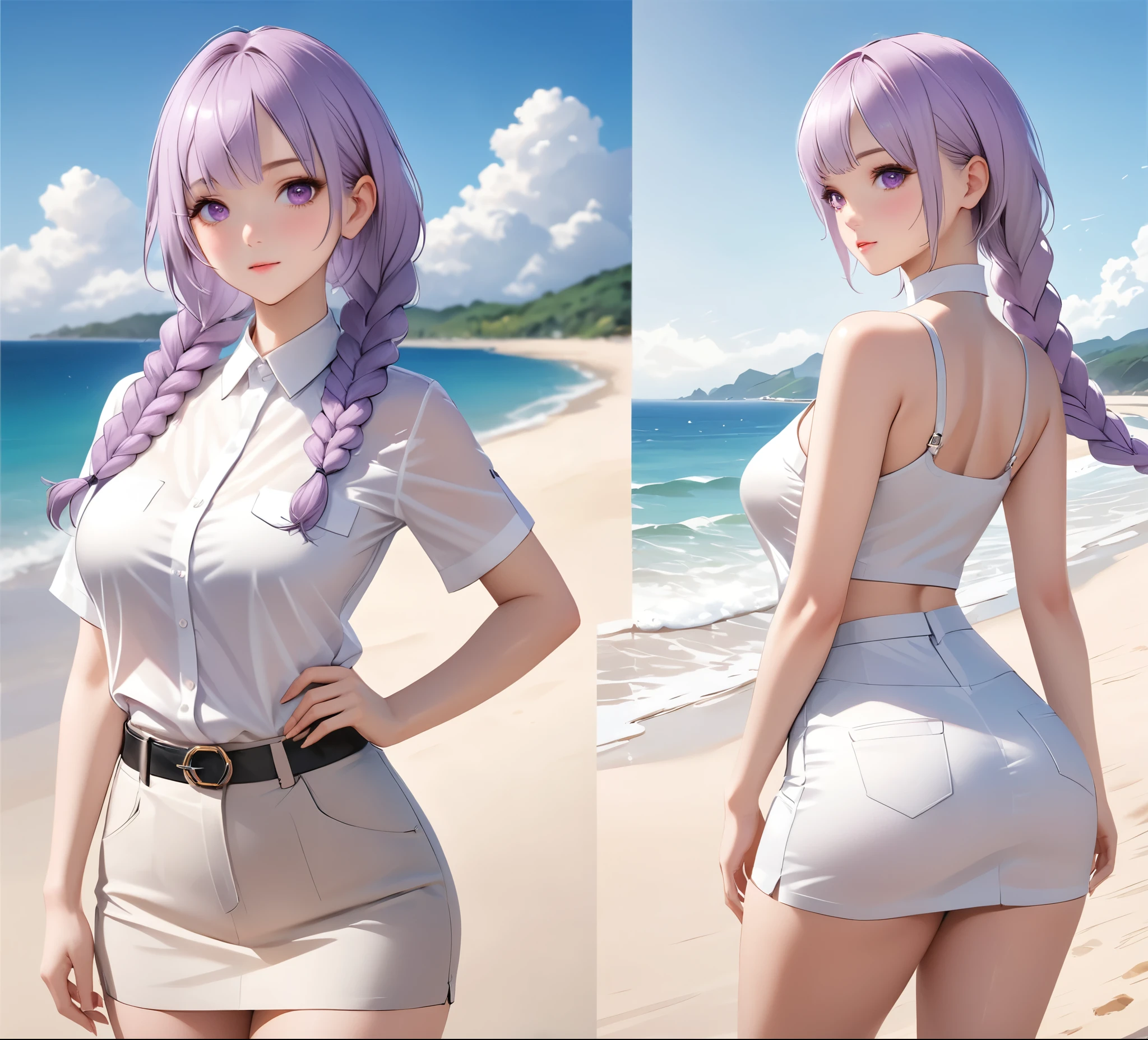 (masterpiece, best quality), 8K, Super detailed, realistic photo, Delicate face, Perfect lighting, Purple Eyes, Beautiful legs, side photo, beautiful, skin pores, A man,A woman(Purple and White Gradient Double Braids), Perfect shirt, Dress neatly, (Thin white shirt:1.4), Thick, hot, (White office attire:1.4), Tights, (Wide hips:1.2), Thick, (White office pants:1.3), Standing on the beach near the sea,Digital Animation Art, Working in the style of Gouvez, beautiful动漫肖像, advanced Digital Animation Art, guweiz на artstation pixiv HD UHD HQ