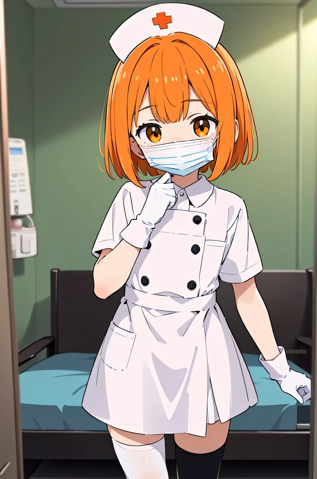 1boy, solo, male focus, nurse, white nurse cap, white nurse uniform, ((white legwear, zettai ryouiki)), white gloves, short hair, orange hair, ((white surgical mask, covered nose)), standing, ((hospital room)), sharp outline, short sleeves, shota, 12 years old, best quality, masterpiece