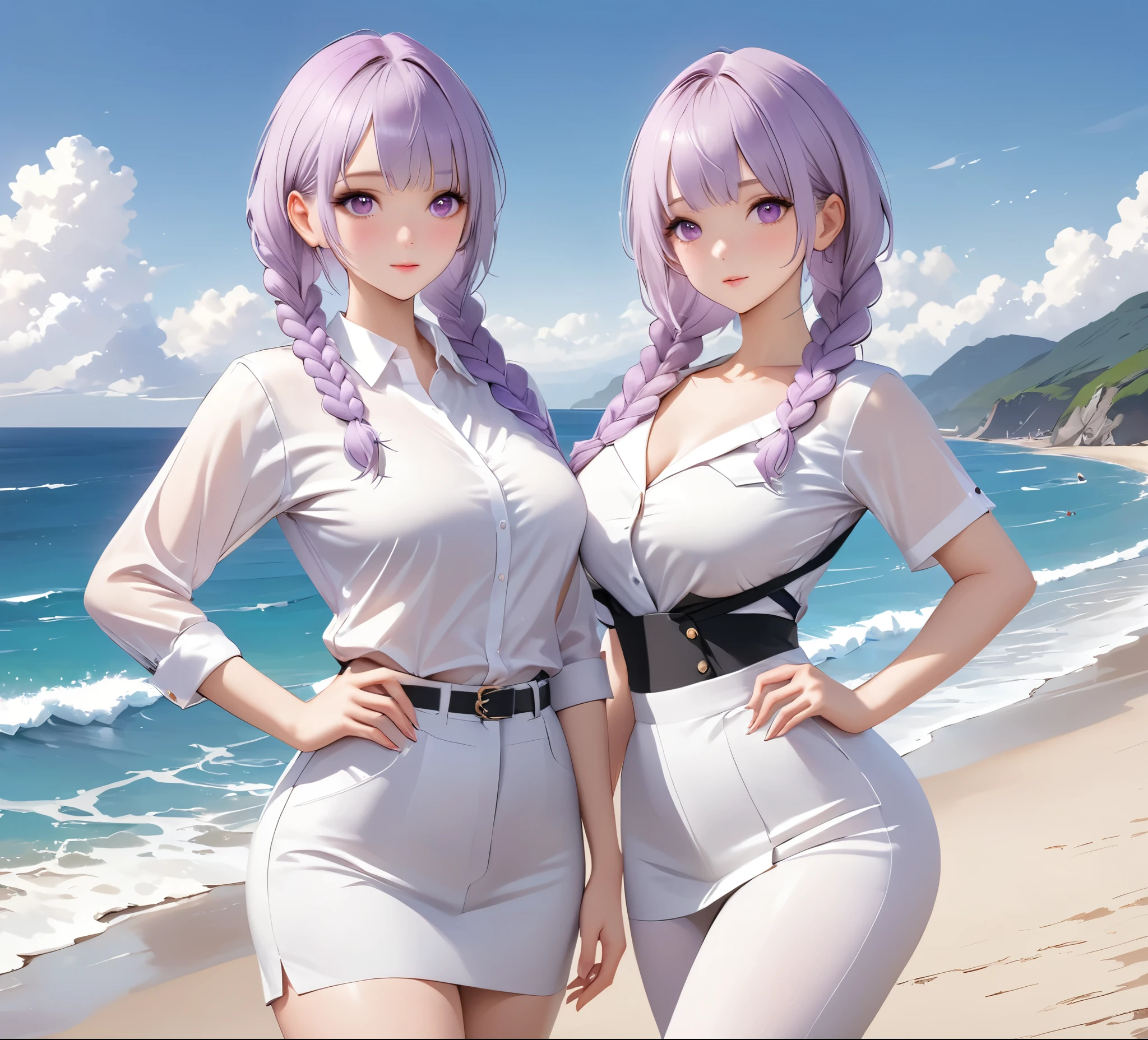 (masterpiece, best quality), 8K, Super detailed, realistic photo, Delicate face, Perfect lighting, Purple Eyes, Beautiful legs, side photo, beautiful, skin pores, A man，A woman(Purple and White Gradient Double Braids), Perfect shirt, Dress neatly,  (Thin white shirt:1.4), Thick, hot, (White office attire:1.4), Tights, (Wide hips:1.2), Thick, (White office pants:1.3), Standing on the beach near the sea,Digital Animation Art, Working in the style of Gouvez, beautiful动漫肖像, advanced Digital Animation Art, guweiz на artstation pixiv HD UHD HQ
