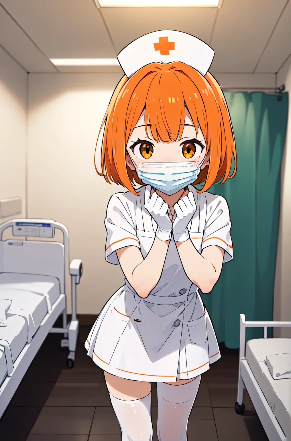 1boy, solo, male focus, nurse, white nurse cap, white nurse uniform, ((white legwear, zettai ryouiki)), white gloves, short hair, orange hair, ((white surgical mask, covered nose)), standing, ((hospital room)), sharp outline, short sleeves, shota, ************, best quality, masterpiece