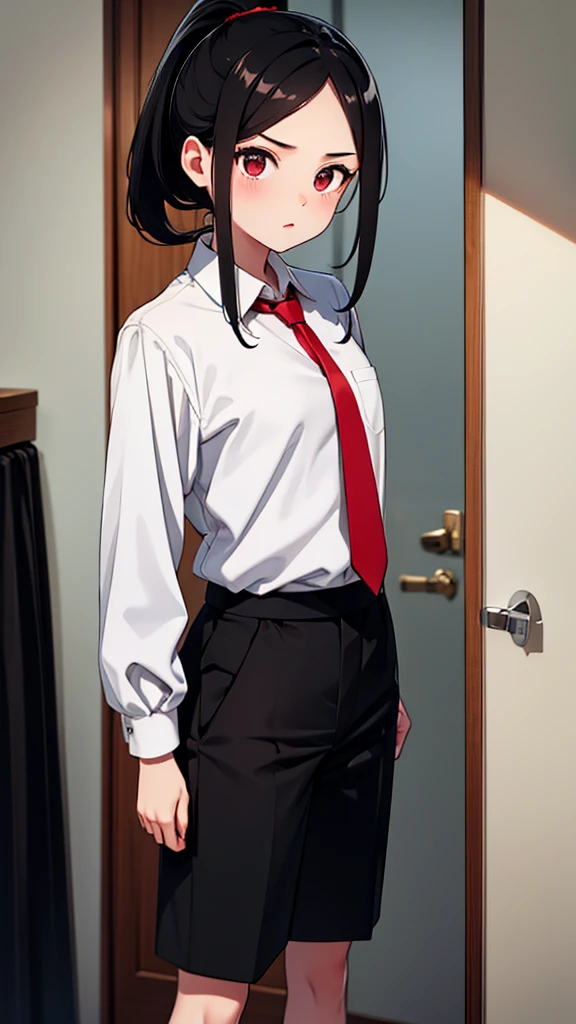 adulto, Cabello negro ondulado, mirada penetrante con ojos profundos de color rojo, estatura promedio, Silky hair with a ponytail hairstyle collected with a red bow with two white lines, tiene pechos medianos, primer plano, session, standing in the middle of his room [[[Risa malvada]]] , Sonrojada, muslos grandes, black pants, bulsa formal blanca, corbata negra 