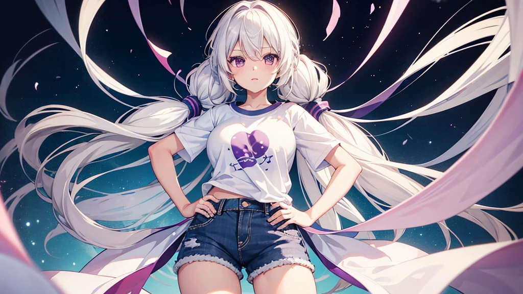 1_girl, solo, best quality, masterpiece, , ,short, huge breasts, white hair,low twintails, purple eyes, yukine chris, thin twintails, wearing a anime T-shirt, blue denim shorts, upper body portrait, hands on hips
