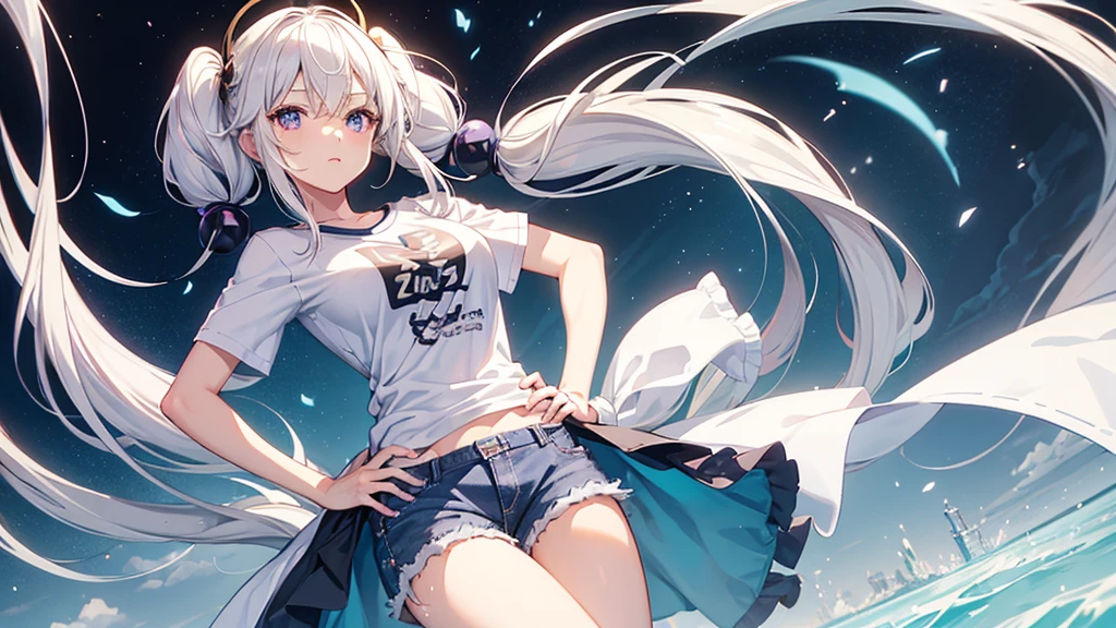 1_girl, solo, best quality, masterpiece, , ,short, huge breasts, white hair,low twintails, purple eyes, yukine chris, thin twintails, wearing a anime T-shirt, blue denim shorts, upper body portrait, hands on hips 