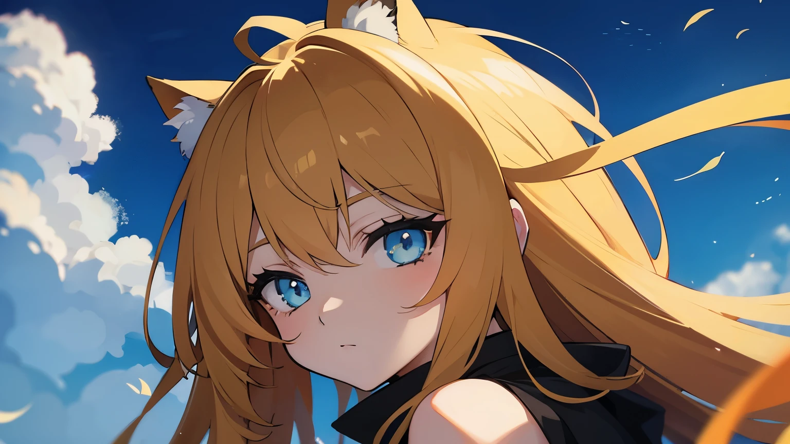 Anime cat girl with long yellow hair and blue eyes is lonely.