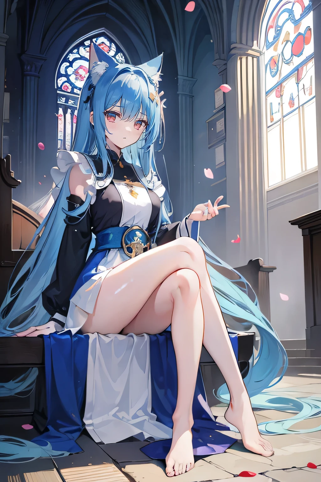(masterpiece:1.2),Extremely detailed,Practical,expressive eyes,Fair skin,Perfect face shaping,1 Girl,
Japanese cartoons,Gorgeous blue hair, the long flowing blue hair,Floating clothes,Cat ears,Petals fall,beautiful lola,Young Angel,
Place your hands on your waist,sit elegantly on the ground,Cross your legs,Gentle and peaceful background,church,Nun&#39;s Clothes,back view,lie on the water. 