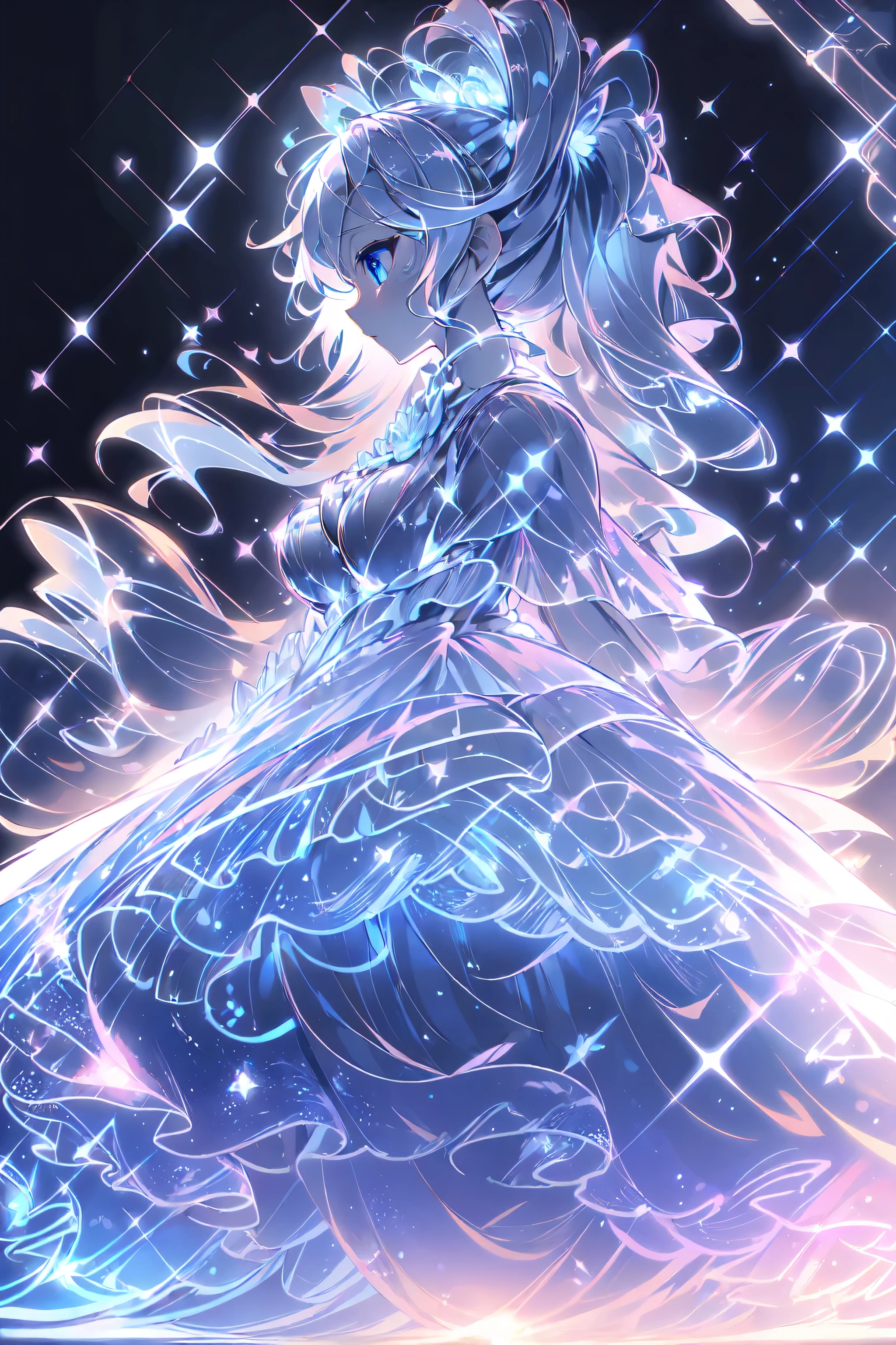 ((highest quality)), ((masterpiece)), (detailed), Perfect Face ,masterpiece, best quality, extremely detailed, anime, girl, blue eyes, silver hair, 8K, 4K,twintail,colorful,Wedding dress,(big breast),expressive eyes,perfect face, moe, kawaii,cute,eye focus, spectacular view, kemomimi, expressionless,diamond shaped eyes ,church, non, side view, starry sky,arm behind back