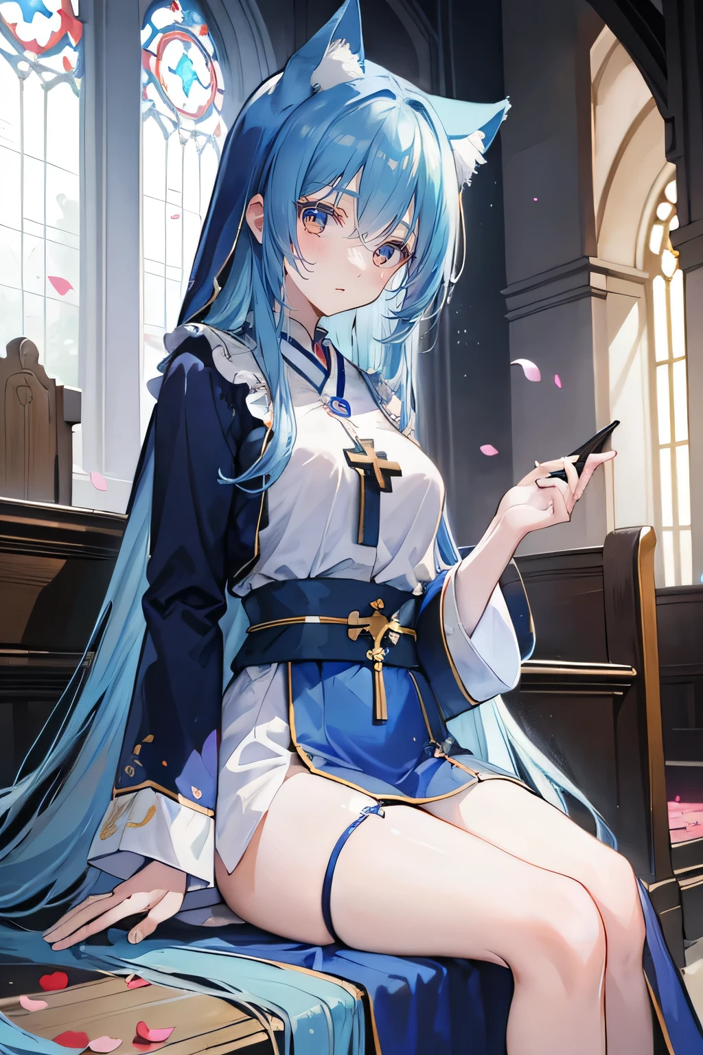 (masterpiece:1.2),Extremely detailed,Practical,expressive eyes,Fair skin,Perfect face shaping,1 Girl,
Japanese cartoons,Gorgeous blue hair, the long flowing blue hair,Floating clothes,Cat ears,Petals fall,beautiful lola,Young Angel,
Place your hands on your waist,sit elegantly on the ground,Cross your legs,Gentle and peaceful background,church,Nun&#39;s Clothes,back view,lie on the water. 