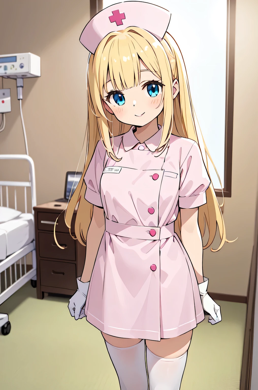 1woman, solo, nurse, white nurse cap, white nurse uniform, ((white legwear, zettai ryouiki)), white gloves, blonde hair, blue eyes, pink lips, smile, standing, ((hospital room)), sharp outline, short sleeves, mature female, 35 years old, best quality, masterpiece