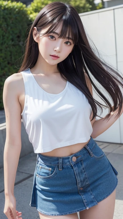 8K、Detailed Description、Very high definition、Realistic、reality的、Real、live-action、reality、High resolution、Nogizaka46、japanese idol,beautiful girl、21 years old、White tank top, knee-high angle、Mouth closed、Lacrosse court、sunny、Strong winds、Straight Long Hair、Headband、Very black hair、Pastel yellow flared mini skirt、Her skirt is flipped up、Hair blowing in the wind、pretty girl、Beauty、Large Breasts、Glowing Skin、Glowing Skin、Shiny Hair、Very white skin、Heavy makeup、Embarrassed、Shyly、Slit eyes、Big Eyes、Double eyelids、Don&#39;t show your teeth、Cross your arms behind your hips、clear、Looking up、Peeking at this from below