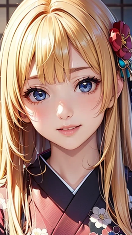 A girl is posing for a photo, cute女の子, Enchanting girl, Anime Girls, 
(((One Girl, Baby Face, cute, 16 years old))), 

((Large floral hair ornament)), (Kimono with purple floral pattern),  
BREAK 

(Beautiful Hair, Shiny Hair), Blonde、((Princess style)), Very long hair、Straight Hair, 
(Expression of fine eyes, Beautiful and delicate eyes, Sparkling eyes, Eye Reflexes, black eye, Slanted Eyes), 
double eyelid, Long eyelashes, 
(Beautiful Nose,Thin Nose), 
(Glossy lips, Beautiful Lips, Thick lips), 
(Symmetrical facial features, Perfect Face),
break  

(smile), 
(noon、(Japanese-style house、Veranda)), ((seiza,  Traditional Beauty of Japan,、full body)), 
break 

(((highest quality)), ((masterpiece)), (Very detailed), (High resolution), (Beautiful sparkle), (High detail), (Anatomically correct)), ((Realistic)), 
(The best CG), Highly detailed art, CG illustration, (16k, 1080p), Oil paints, ((Line art)),

