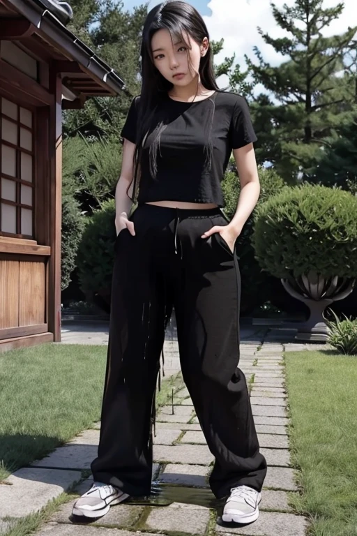 Japanese Girl sees the ghost and pees her black palazzo pants until her pants are wet in fright.