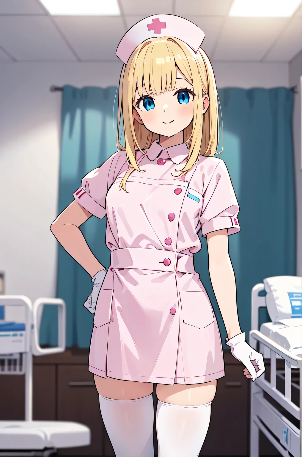 1woman, solo, nurse, white nurse cap, white nurse uniform, ((white legwear, zettai ryouiki)), white gloves, blonde hair, blue eyes, pink lips, smile, standing, ((hospital room)), sharp outline, short sleeves, mature female, 35 years old, best quality, masterpiece