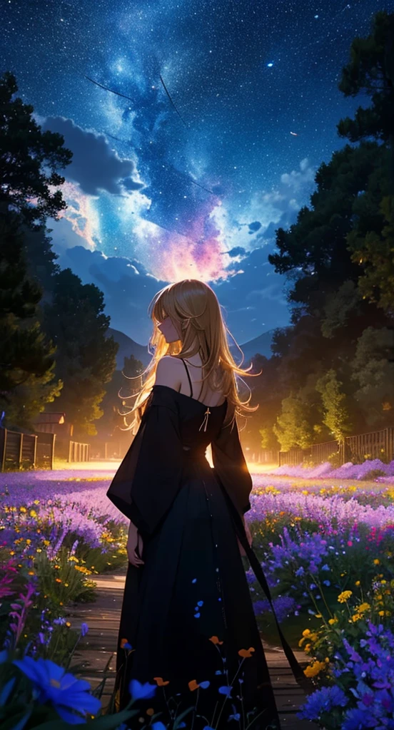 1people々々々々々々々々々々々,Blonde long-haired woman, camisole,silhouette, Rear View,Space Sky, Flower Field,Colorful flowers