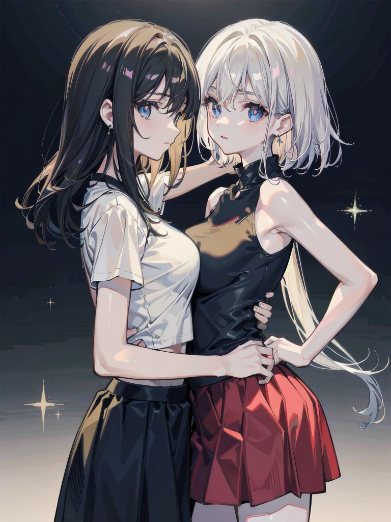 absurdres, RAW photo, extremely delicate and beautiful, masterpiece, Best Quality, ultra high resolution, 32k, hyperrealistic, ultra-detailed, detailed description, pale skin, 20 years old, detailed beautiful face and eyes, tearful mole, earring, short medium hair, wavy hair, whole body shot, big tits, tight skirt, cropped T-shirt, ((yuri, 2 girls)),