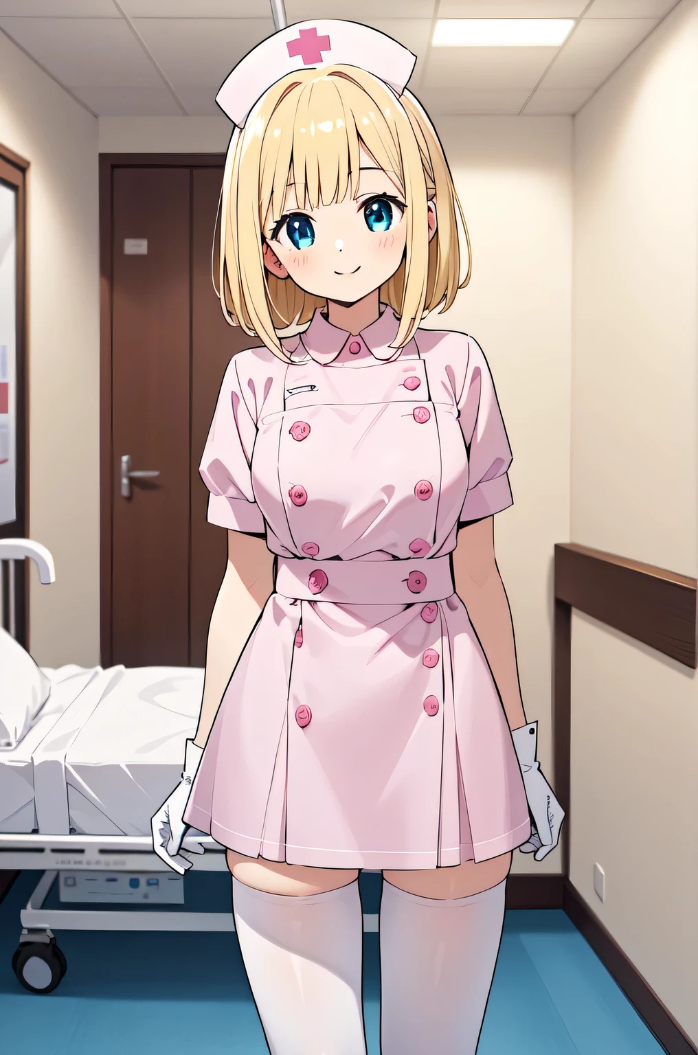 1woman, solo, nurse, white nurse cap, white nurse uniform, ((white legwear, zettai ryouiki)), white gloves, blonde hair, blue eyes, pink lips, smile, standing, ((hospital room)), sharp outline, short sleeves, mature female, 35 years old, best quality, masterpiece