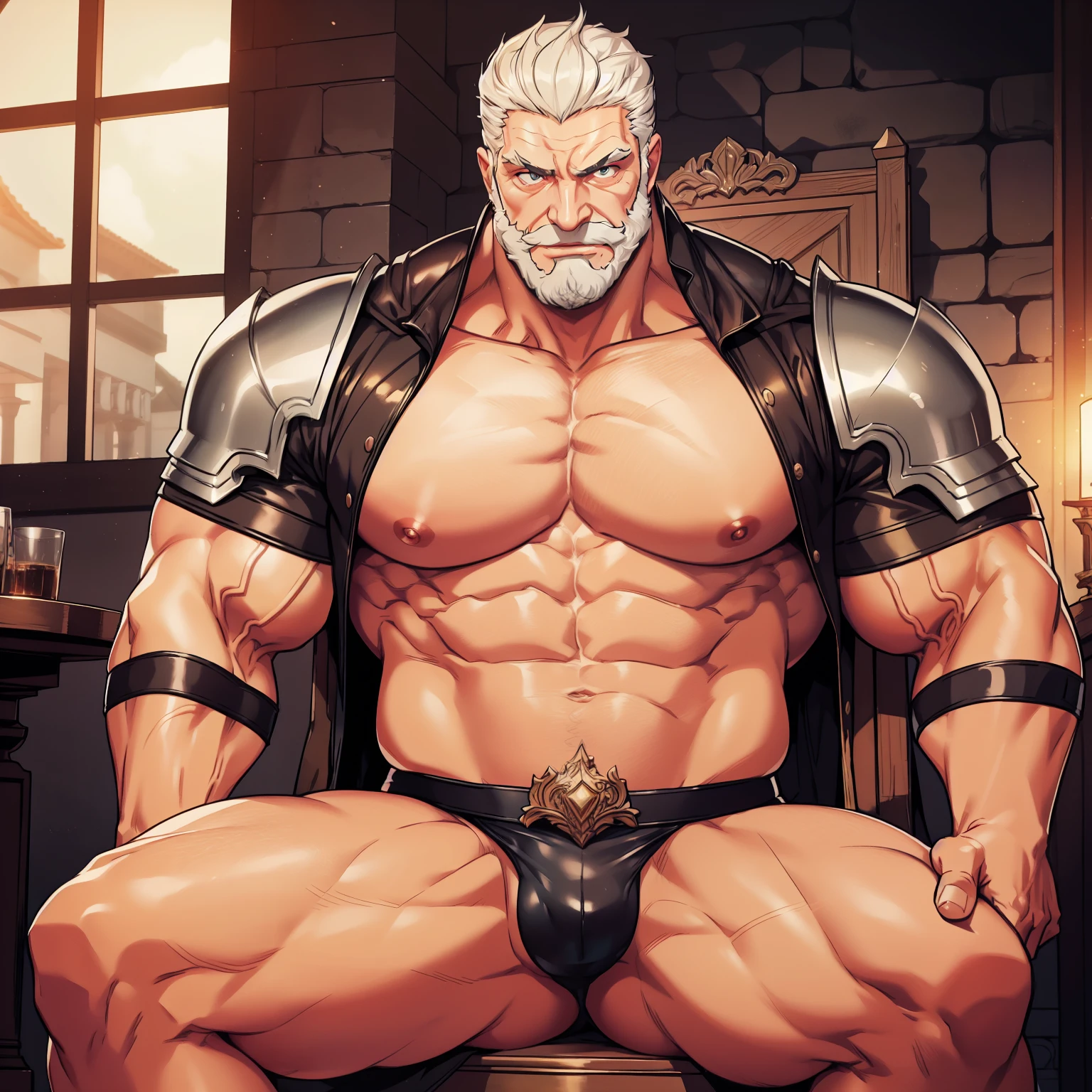 A angry old medieval lord sentado no trono sensualizando at the palace, alpha male, bodybuilder, very muscular, 50 years old, deatail face, detail eyes, lorde imponente, wearing a cleavage dark leather medieval leather armor and a very tiny speedo underwear, very detail robe, very large pectorals, massive pectorals, muscular chest, fighting stance, olhos de cor azuis, grey short hair, sexy grey beard, he is sexy, he is sitting with his legs open showing his big bulge, Obra-prima maravilhosa altamente detalhada, beautiful cinematic light deep focus, elegante, pintura digital, liso, sharp focus, golden ratio, dramatic lighting, 8k, pixiv, bara