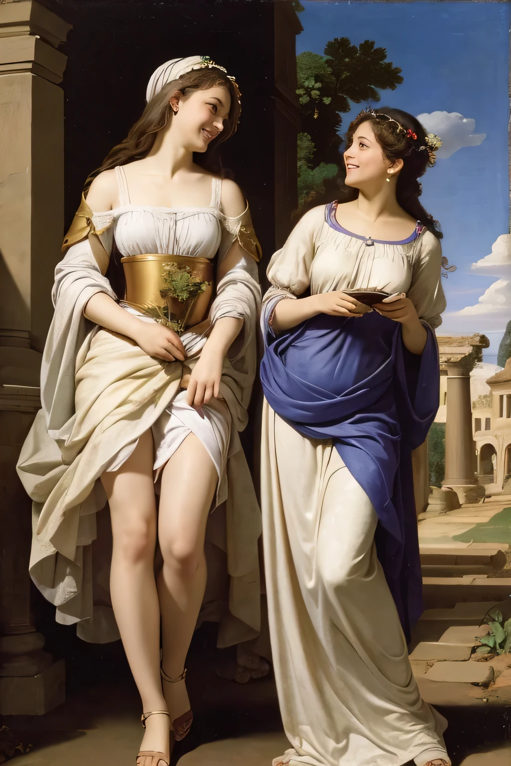full body portrait or statue、Giorgione painting style,Arguments of two female Philosophe,math、astronomical machine、astronaut、roses in vase、fruits、Cute trinkets、smile、ancient greek costume、Ancient Roman landscape in the style of Nicolas Poussin,laughter,,Sweet and seductive appearance.、Caravaggio's paintings、Chiaroscuro of Caravaggio、hair tousled by the wind,Two women frolicking,cute smile, expression of ecstasy,Sexy,erotic