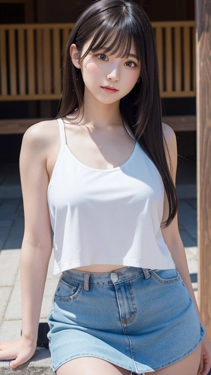 8K、Detailed Description、Very high definition、Realistic、reality的、Real、live-action、reality、High resolution、Nogizaka46、japanese idol,beautiful girl、21 years old、White tank top, knee-high angle、Mouth closed、Lacrosse court、sunny、Strong winds、Straight Long Hair、Headband、Very black hair、Pastel yellow flared mini skirt、Her skirt is flipped up、Hair blowing in the wind、pretty girl、Beauty、Large Breasts、Glowing Skin、Glowing Skin、Shiny Hair、Very white skin、Heavy makeup、Embarrassed、Shyly、Slit eyes、Big Eyes、Double eyelids、Don't show your teeth、Cross your arms behind your hips、clear、Looking up、Peeking at this from below