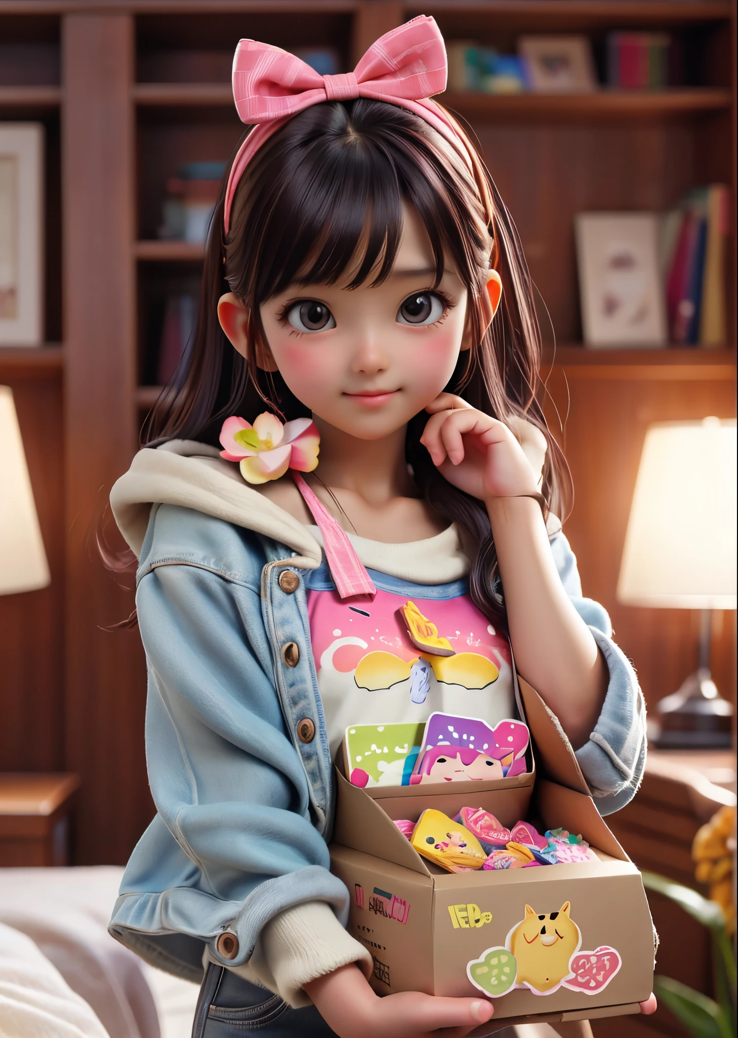 A girl in a cutely designed box、Designed like a gift、Colorful design、Pop feel、bright、Perfect lighting、High definition、high resolution、High color rendering、High resolution、Ultra-realistic、photo realistic 