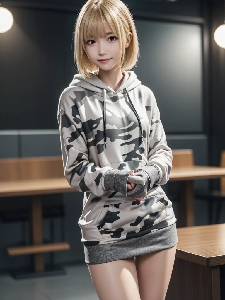 (8k, RAW Photos, highest quality, Tabletop:1.2), (Realistic, Photorealistic:1.4), (Highly detailed 8k wallpaper), Sharp focus, Depth of written boundary, Blur the background, Bokeh, Cinema Lighting, Soft Light, (whole body), 1 girl,18 years old famous Japanese idol, Perfect female body, indoor, (White and grey camouflage hoodie and black leather micro mini skirt : 1.3), (Long, slender legs), (smile), Glossy lips, Beautiful fine details,Natural Makeup, Shiny, smooth, medium-length blonde hair, Asymmetrical bangs, Shiny skin, Center image, High resolution, Attention to detail, Detailed hairstyle, Detailed face, 素晴らしいCinema Lighting, Octane Rendering, Vibrant, Ultra-realistic, Perfect limbs, Perfect Anatomy