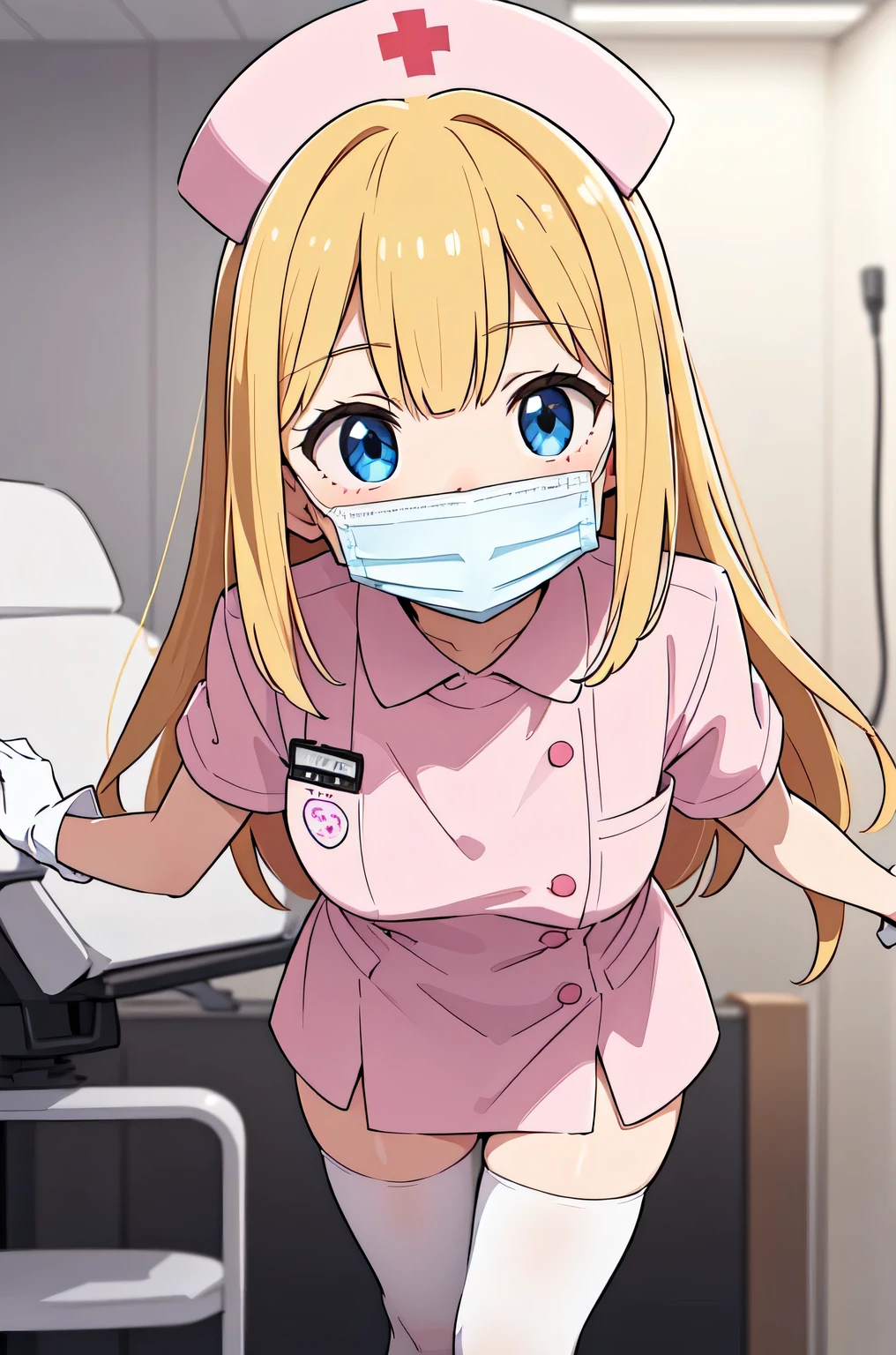 1woman, solo, nurse, white nurse cap, white nurse uniform, ((white legwear, zettai ryouiki)), white gloves, blonde hair, blue eyes, ((white surgical mask, covered nose)), standing, ((hospital room)), sharp outline, short sleeves, mature female, 35 years old, best quality, masterpiece