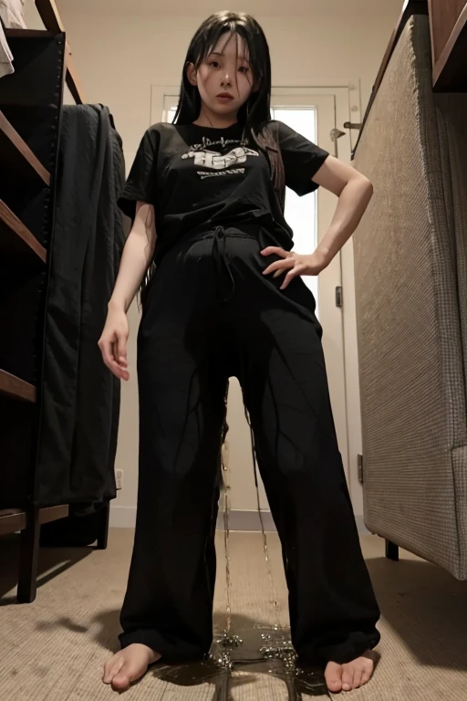 Japanese Girl sees the ghost and pees her black palazzo pants until her pants are wet in fright.