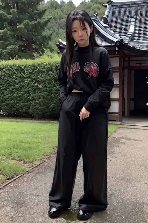 Japanese Girl sees the ghost and pees her black palazzo pants until her pants are wet in fright.