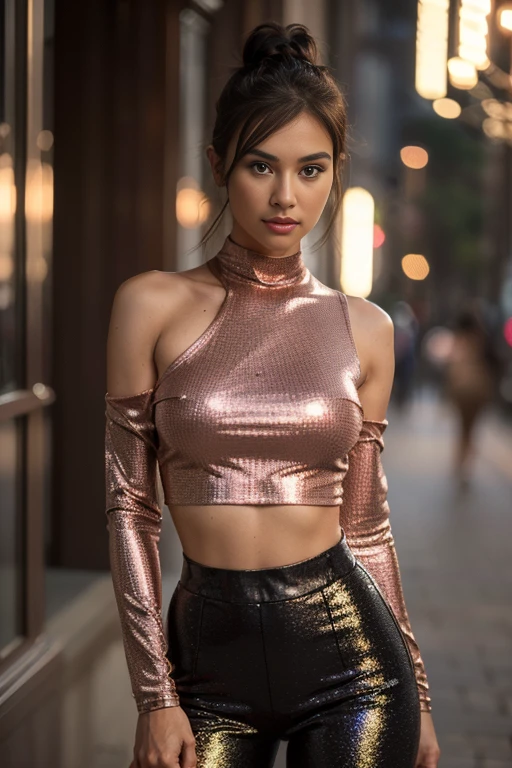 (masterpiece), (best quality), (ultra-detailed A full body photo of a skinny girl, flashing, (:1.1), Pilates pants and fitted long-sleeve top, Dame, Short, Narrow Hips, Square Face, glow Skin, short Hair, dark brown Eyes, Straight Nose, Thick Lips, Sharp Chin, Shoulder-Length Hair, Thick Hair, Bun, full breasts, , rose gloss lipstick, Masterpiece, hi res, 8k, award winning, RAW photo, high quality, 35mm photograph, film grain, bokeh, professional, highly detailed, luxurious high quality clothes fashionable 