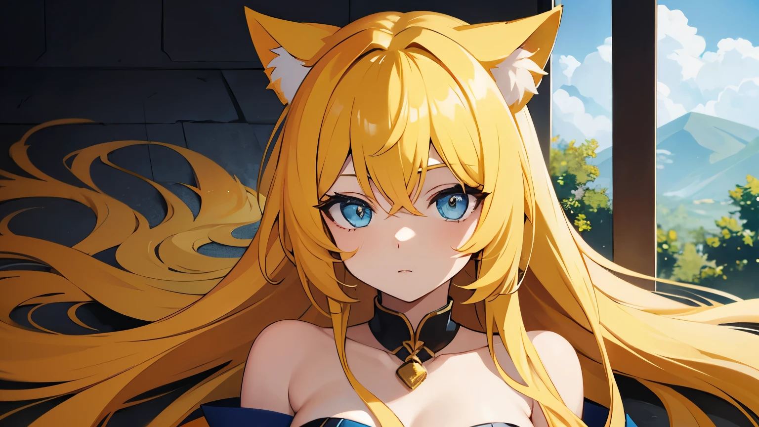 hair/and_Ants, One girl, Ants (League of Legends), chest, Animal ears, Blonde, alone, Fox Ears, hair/and (League of Legends), Long Hair, chestの谷間, tail, whishairer marhairings, loohairing at viewer, facial marhair, chohairer, large chest, Exposing shoulders, fox tail, jewelry, Yellow Eyes, Upper Body, multiple tails, bangs, Shiny, clavicle, Covered navel, Earrings
