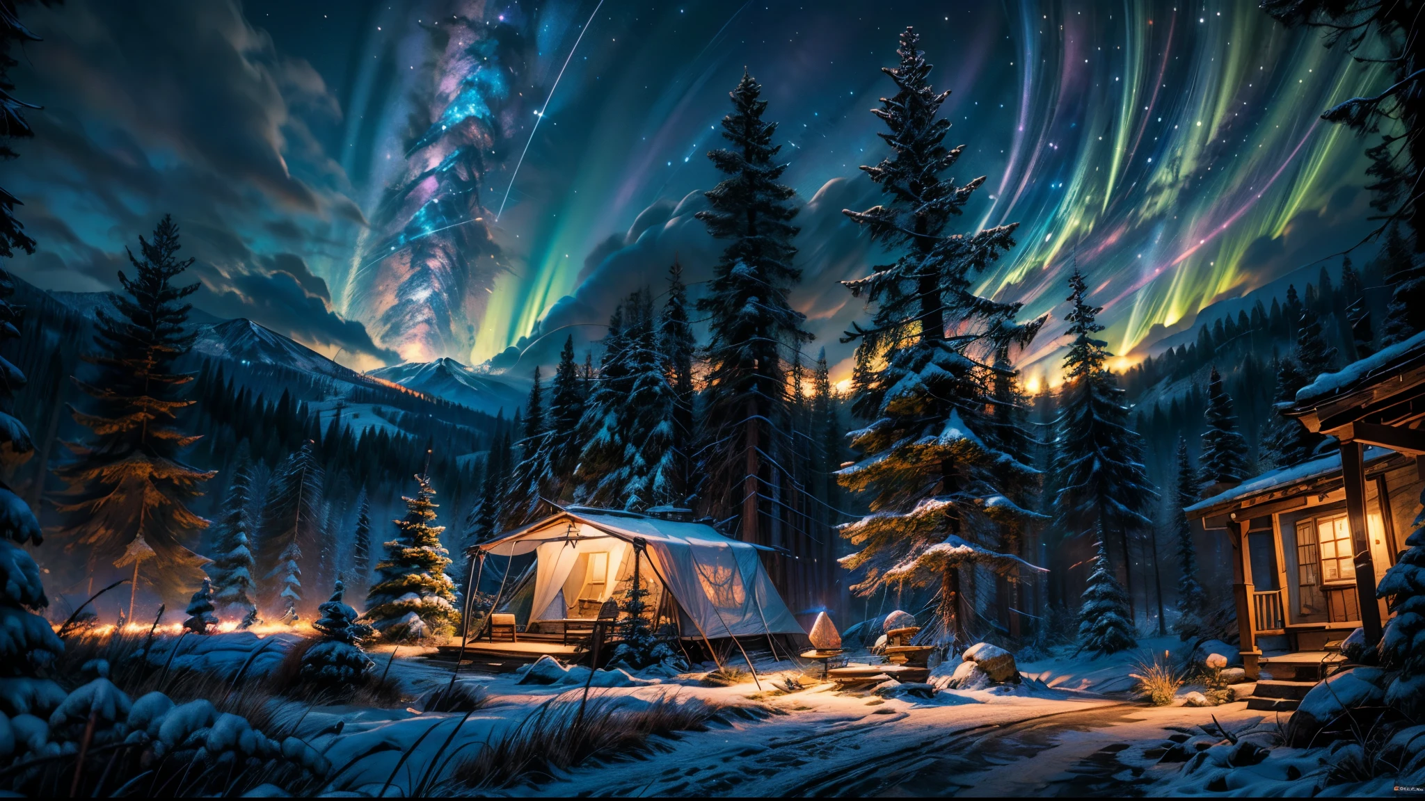  anime lanscape, anime aestetics, a little camp in the forest, huge blue and red cristals on the background, two little tents, fireplace in the center, skies covered in stars, perfect stars view, fantasy, crystals glowing, huge mansion far at the background, pine trees, calm atmosphere, dynamic light, cinematic light, wide shot, from outside, highres, 8k, high quality, best quality, award winning, super detail, accurate, masterpiece