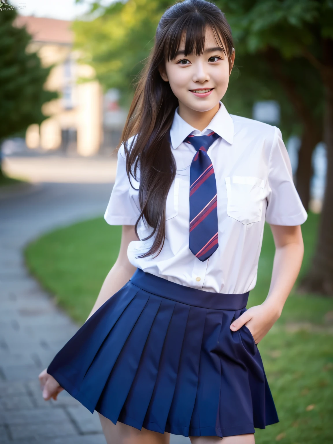 (school uniform:1.5), (Photorealistic:1.4), (Best quality:1.0), (Ultra-high resolution:1.0), 8K, RAW photo, (Masterpiece:0.2), Ultra-detailed, Close short, 1girll, Beautiful skin, Detailed skin, view the viewer, full bodyesbian, (Long hair:1), Smile, (Closed mouth:1)