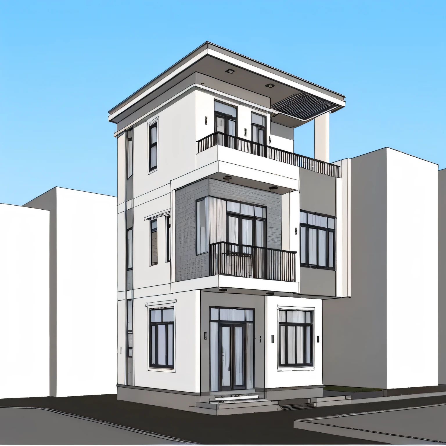 panoramic view of a three-story building with balconies and balconies, vue en élévation de face, Rendu 3D, rendu 3D, detailed rendering, exterior design, orthographic Rendu 3D, dans le style du réalisme simplifié, realistic building, rendu tridimensionnel, hyper-detailed illustration, highly detailed illustration, 3/4 vue du dessous