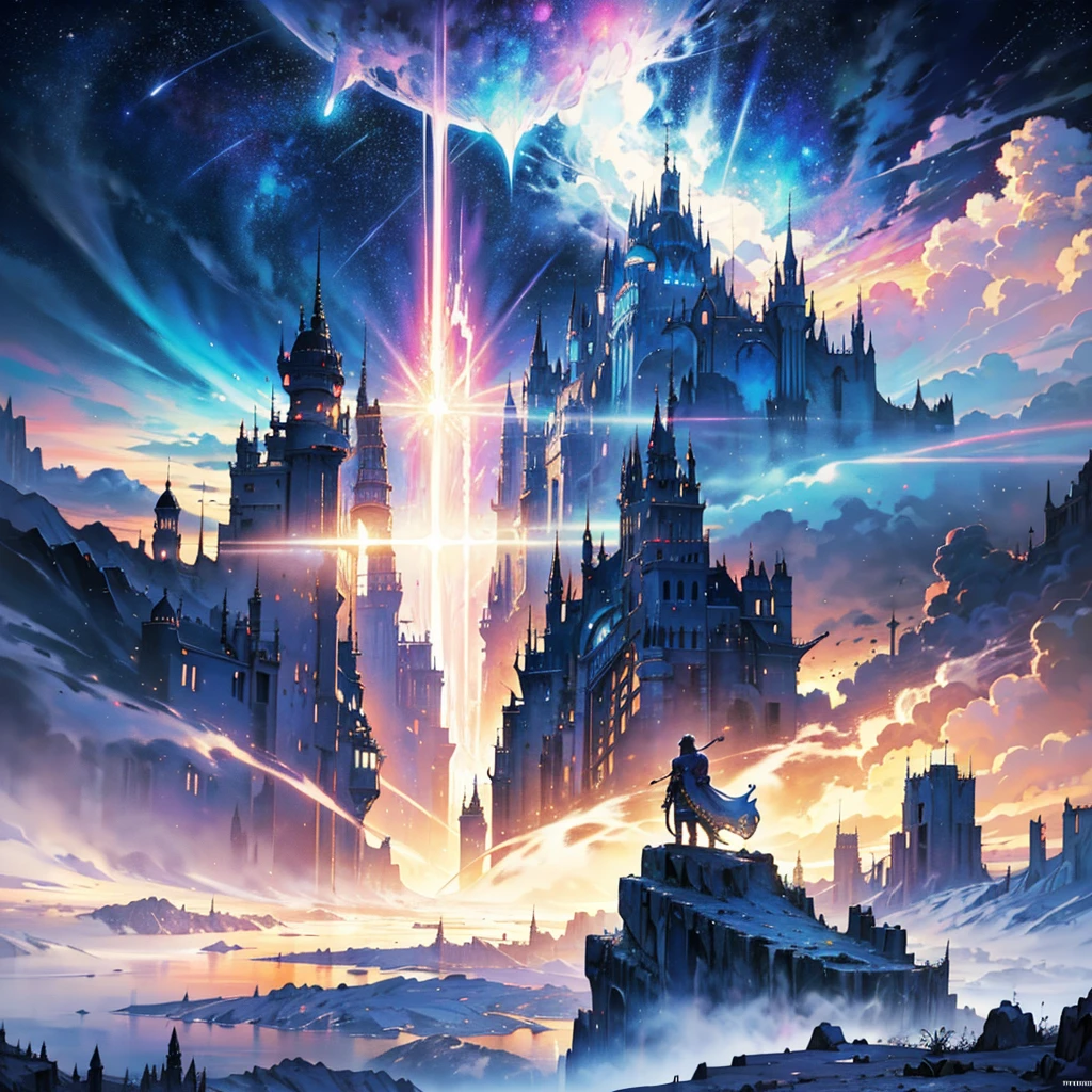 Starry Sky with Mountains and Lake, Jessica Rossier, Inspired by Jessica Rossier, Jessica Rossier Fantasy Art, Concept Art Magic Highlights, Official Artwork, Dream Painting, Ethereal Realm, Atmospheric artwork, dreamy matte paintings, serene endless stars inspired by Ted Nasmith, moonlit starry environments, epic music album covers.