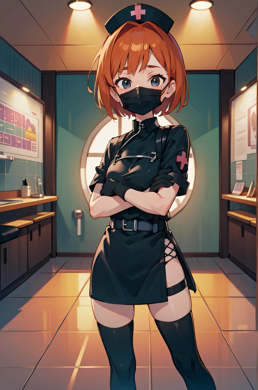 black nurse, 1girl, solo, black nurse cap, black nurse uniform, ((black legwear, zettai ryouiki)), black elbow gloves, very short hair, orange hair, ((black surgical mask, covered nose)), standing, ((surgery room)), sharp outline, short sleeves, tomboy, boyish, best quality, masterpiece