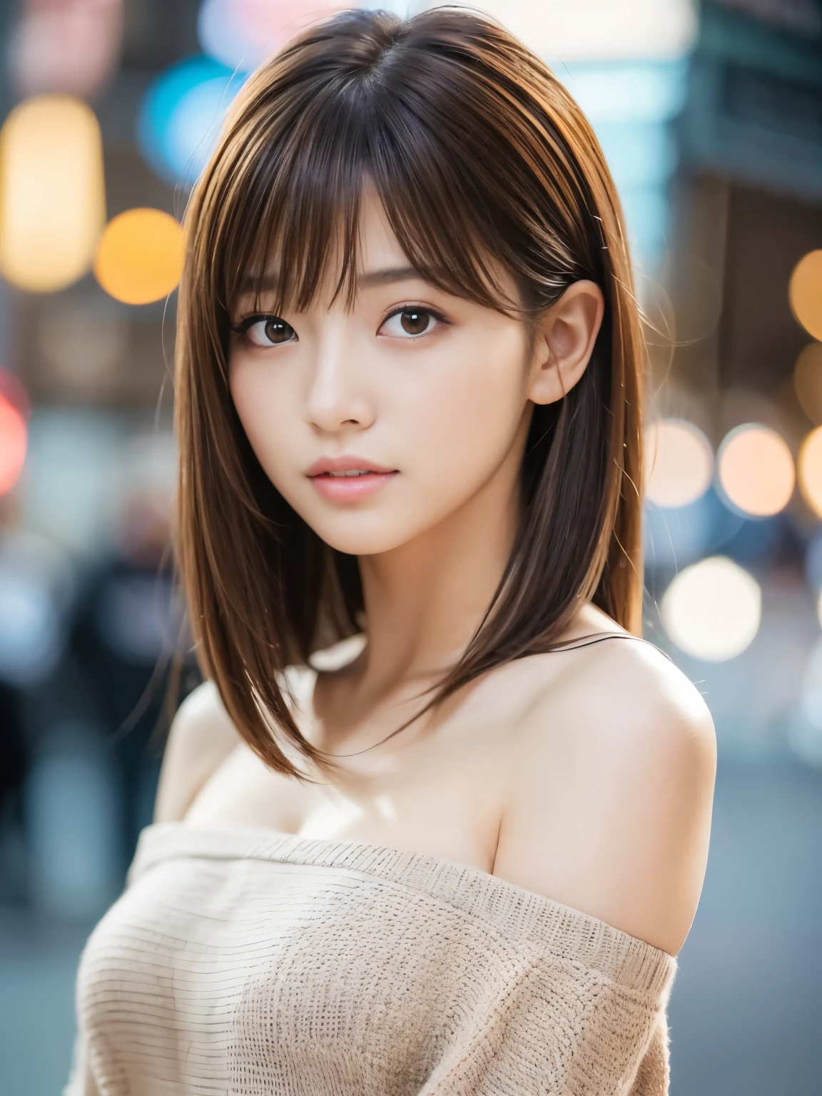 Ultra High Definition, Superior Quality, Premier Quality, ultra detailed, Photorealistic, 8k, RAW Photos, highest quality, masterpiece, Attractive girl, Stunning girl, Brown Hair, Shoulder Length Layered, asymmetrical bangs, Japanese Idol, Sophisticated, Stylish, Off-shoulder top, Shibuya, 