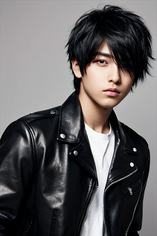 Boy emo hair Black, leather jacket Black hair Black