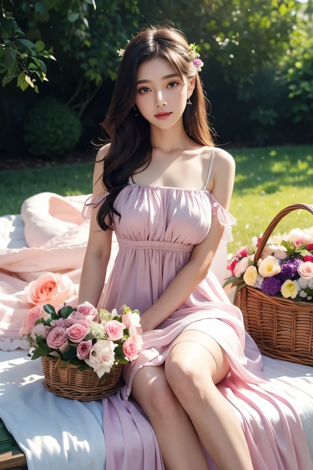Woman sitting on blanket holding bouquet of flowers and basket of fruit, light half open dress, Soft silk dress, romantic dress, Feminine feminine dresses, Soft and elegant gowns, flowing dress, 아름답고 Soft silk dress, Pink or violet long dress,