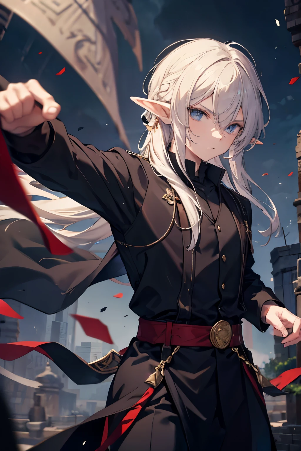 Elf man, with long rye-colored hair, in black clothes of a martial artist, against the backdrop of an ancient city