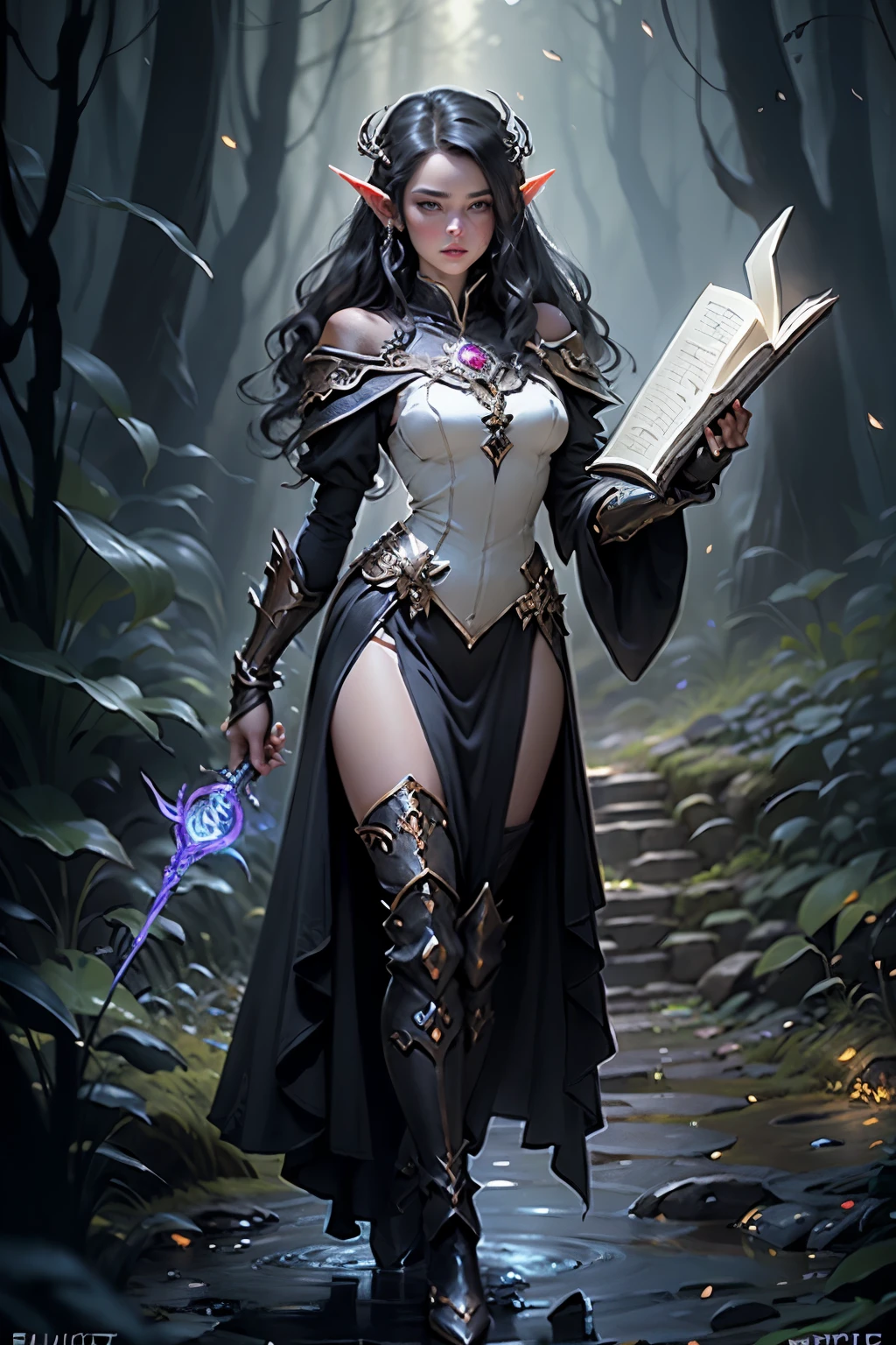 
15w
A digital artwork of an elven woman, white and black hair, red irises, in an elegant dress that accentuates her form, thigh-high boots, holding a grimoire casting a tentacle spell, in a heroic-fantasy environment. Enchanted forest background, mystical lighting, soft glow on the spell. Created Using: High-resolution digital rendering, fantasy art style, rich textures, dynamic lighting, vibrant colors, detailed costume design, magical effects, hd quality, natural look